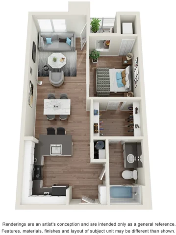 The Beacon A1 floor plan. Renderings are an artist's conception and are intended only as a general reference. Features, materials, finishes and layout of subject unit may be different than shown.