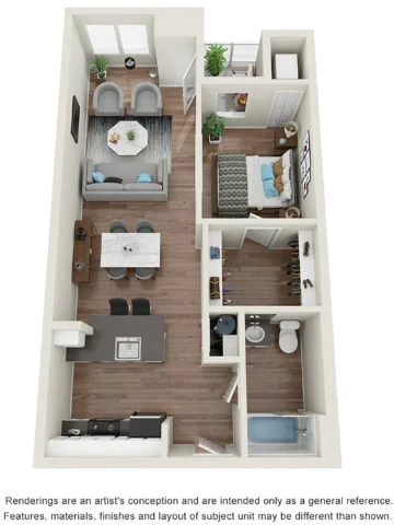 The Beacon A2 floor plan. Renderings are an artist's conception and are intended only as a general reference. Features, materials, finishes and layout of subject unit may be different than shown.