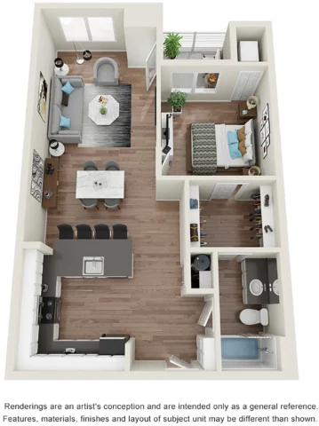 The Beacon A9 floor plan. Renderings are an artist's conception and are intended only as a general reference. Features, materials, finishes and layout of subject unit may be different than shown.
