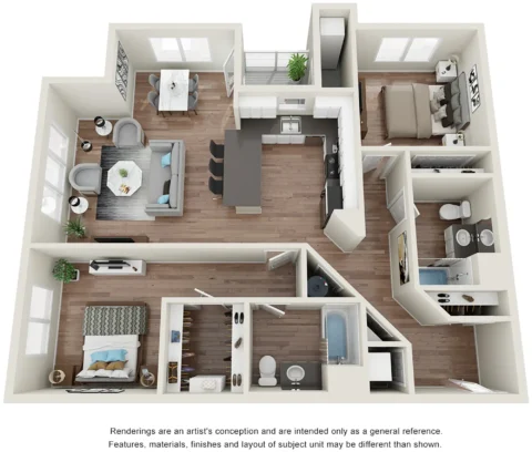 The Beacon B12 floor plan. Renderings are an artist's conception and are intended only as a general reference. Features, materials, finishes and layout of subject unit may be different than shown.