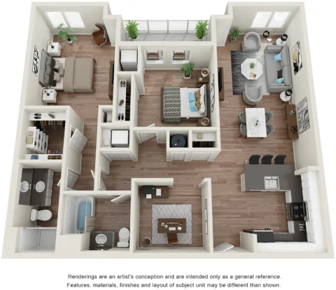 The Beacon B13 floor plan. Renderings are an artist's conception and are intended only as a general reference. Features, materials, finishes and layout of subject unit may be different than shown.