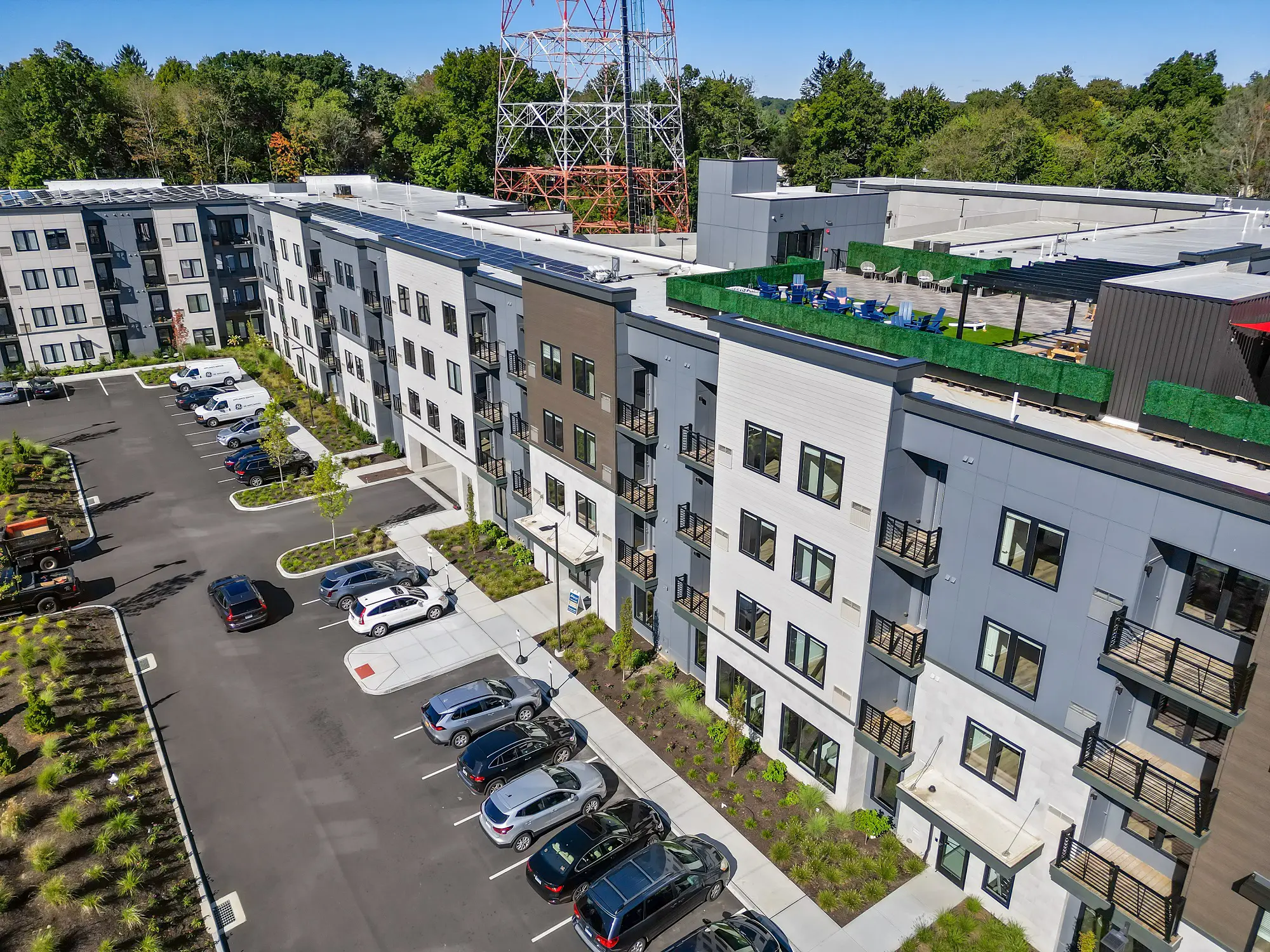 The Beacon exterior drone view with main entrance and garage - Norwalk, CT